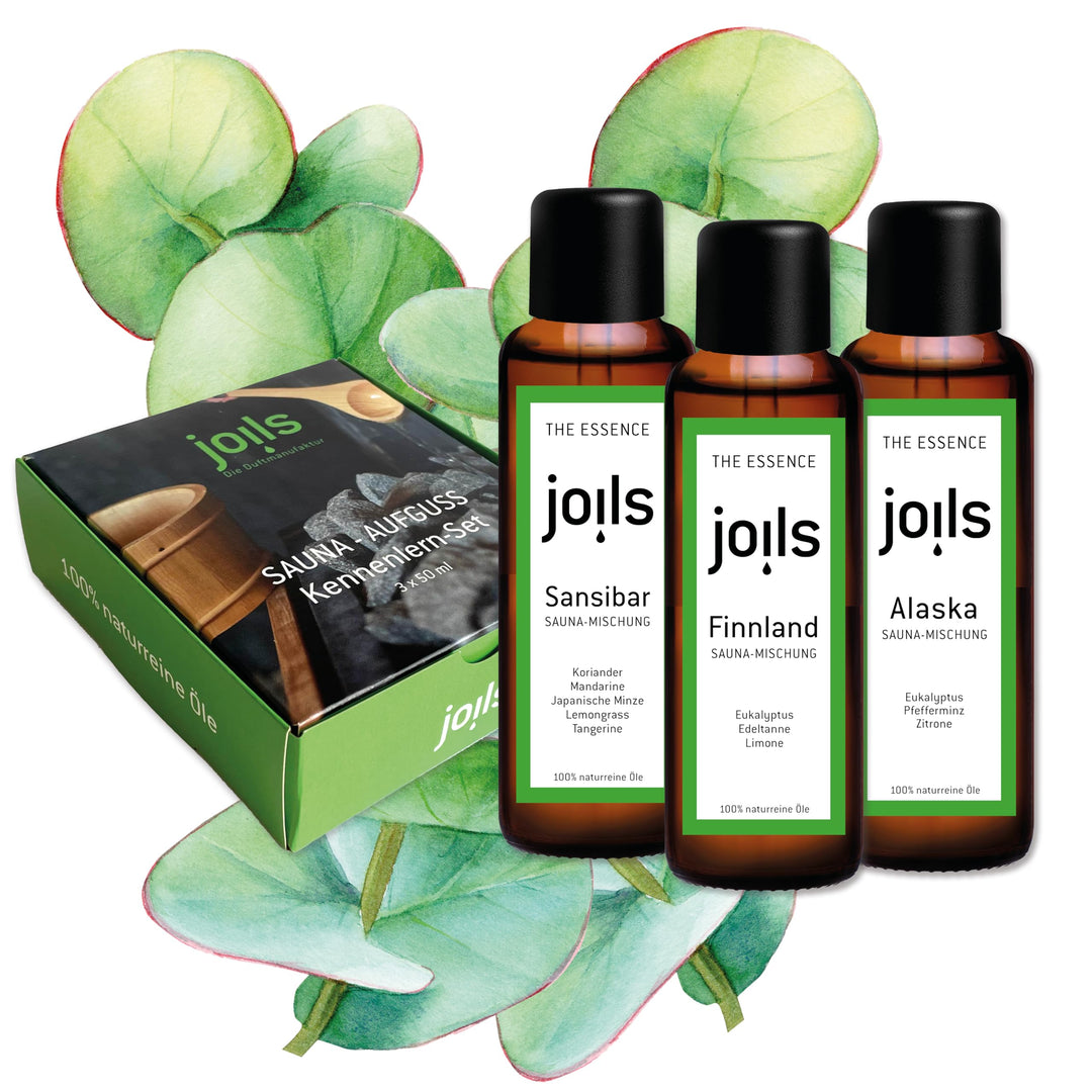 JOILS® Saunaaufguss Set I, 3x50ml, 100% naturreines Öl für Ihre Sauna, BIO-Saunaöl im Geschenkset, v