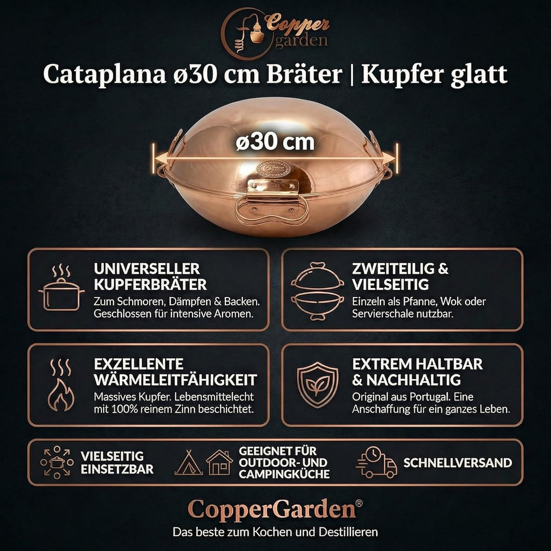 CopperGarden® Cataplana Bräter aus handverzinntem glattem Kupfer mit ca 30 cm Durchmesser I Portugie