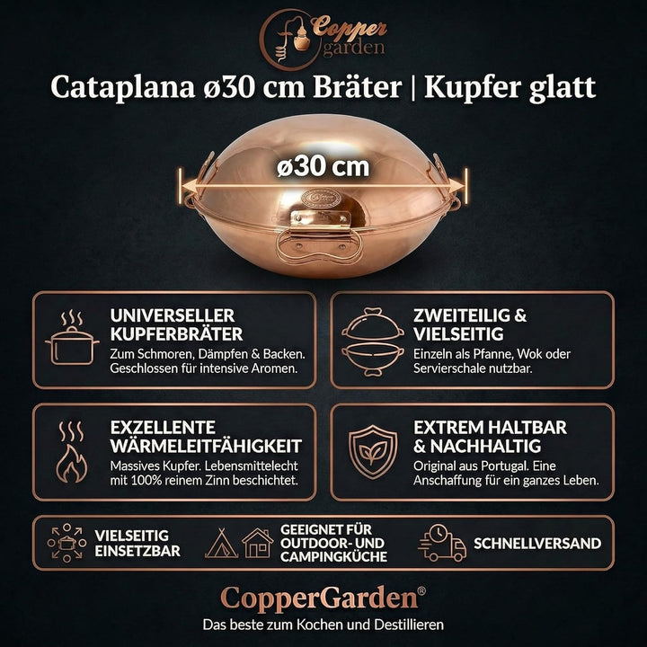 CopperGarden® Cataplana Bräter aus handverzinntem glattem Kupfer mit ca 30 cm Durchmesser I Portugie