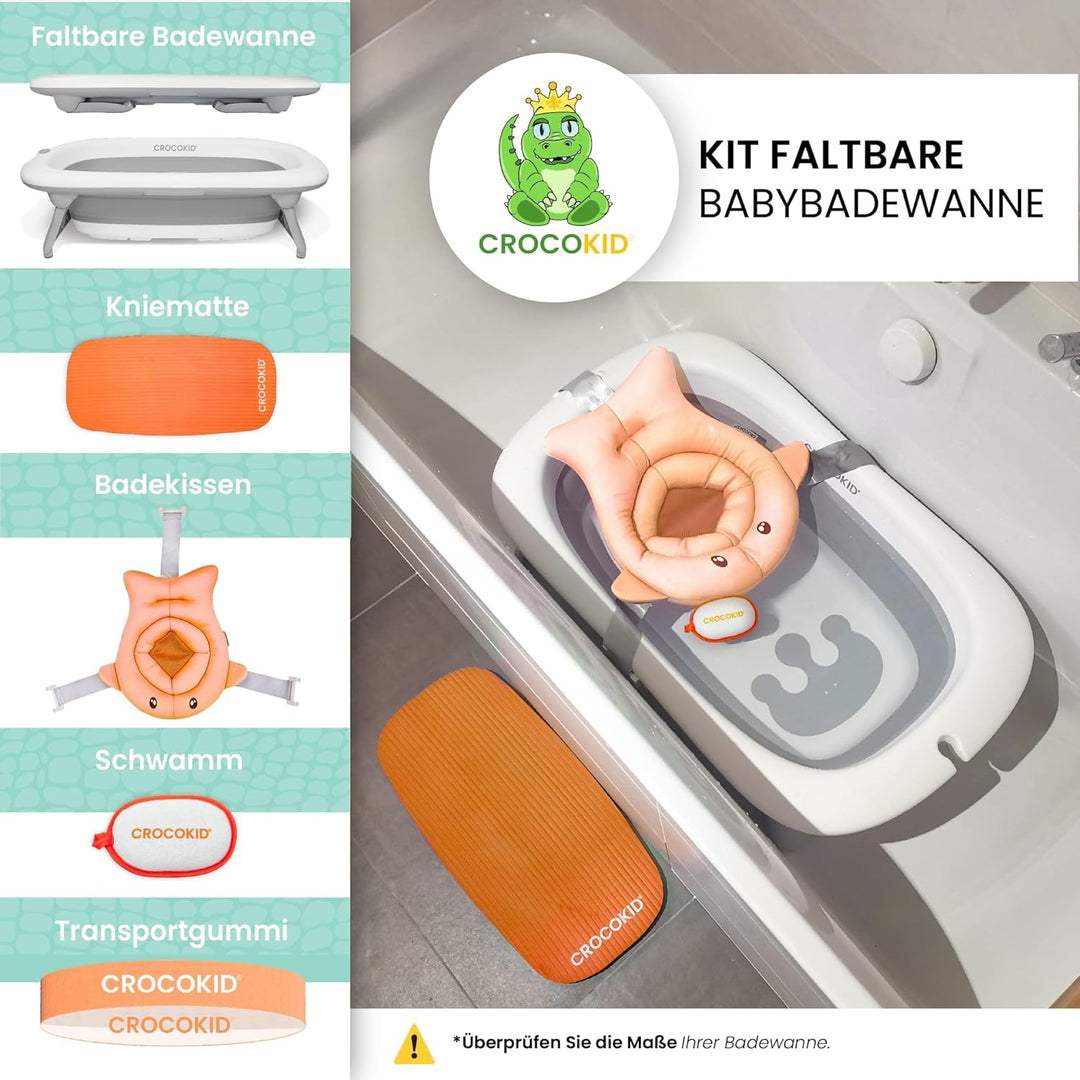 CROCOKID® Grosses Faltbares Baby-Badewannenset + 4 Unverzichtbare Zubehörteile – Tragbare XXL-Badewa