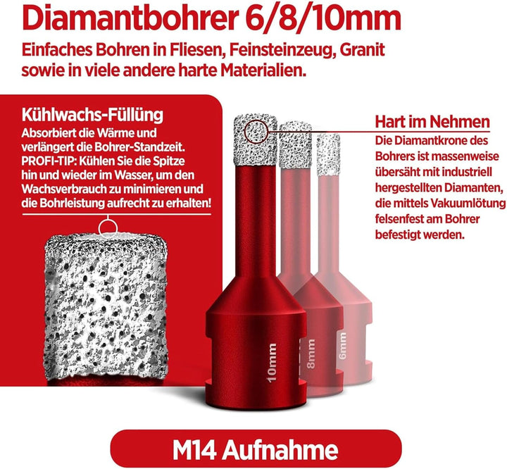 Fliesenbohrer Set 3tlg. 6, 8, 10 mm, M14 Premium – Diamantbohrer für harte Fliesen und Feinsteinzeug