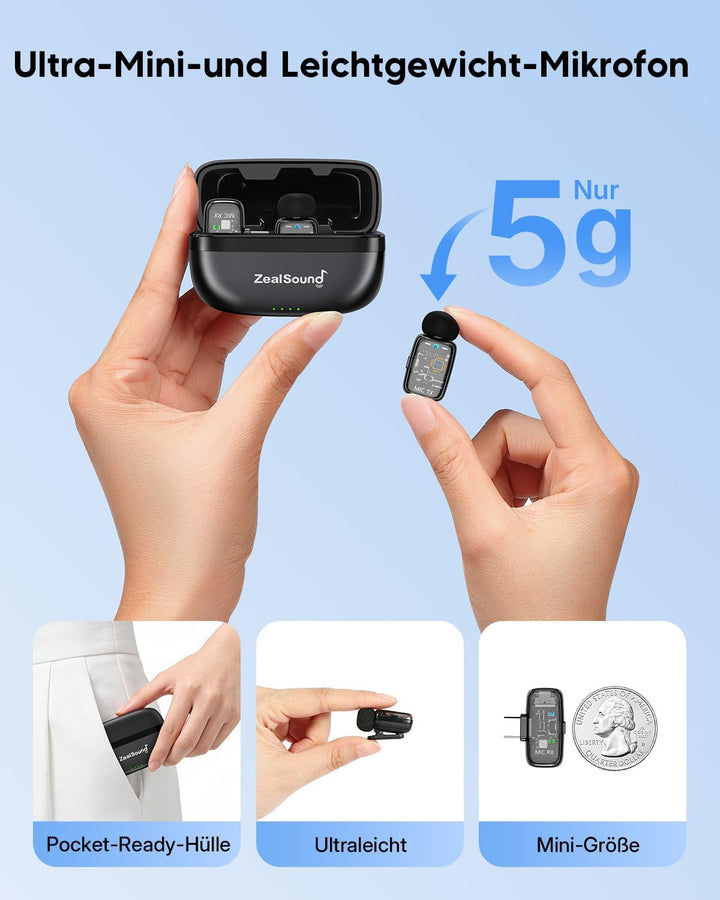 ZealSound Mini Kabellos Mikrofon für iPhone Handy Android iPad, mit USB-C/Lightning-Stecker,Stummsch