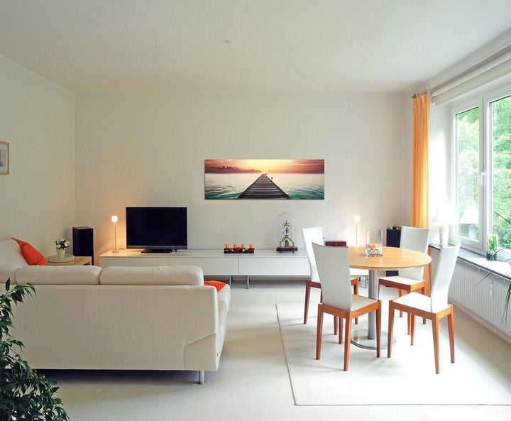 Paul Sinus Art Panoramabild auf Leinwand und Keilrahmen 150x50cm Meer Strand Steg Wolkenhimmel Abend