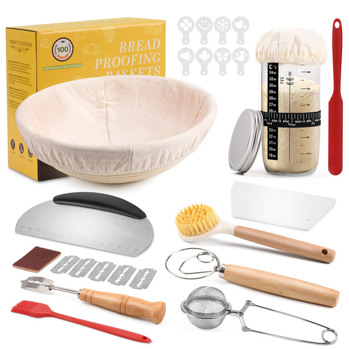 Sauerteig Starter Set, 11-teilig Gärkorb Brot, Gärkörbchen Rund 23cm, Komplettset Brot Backen Zubehö