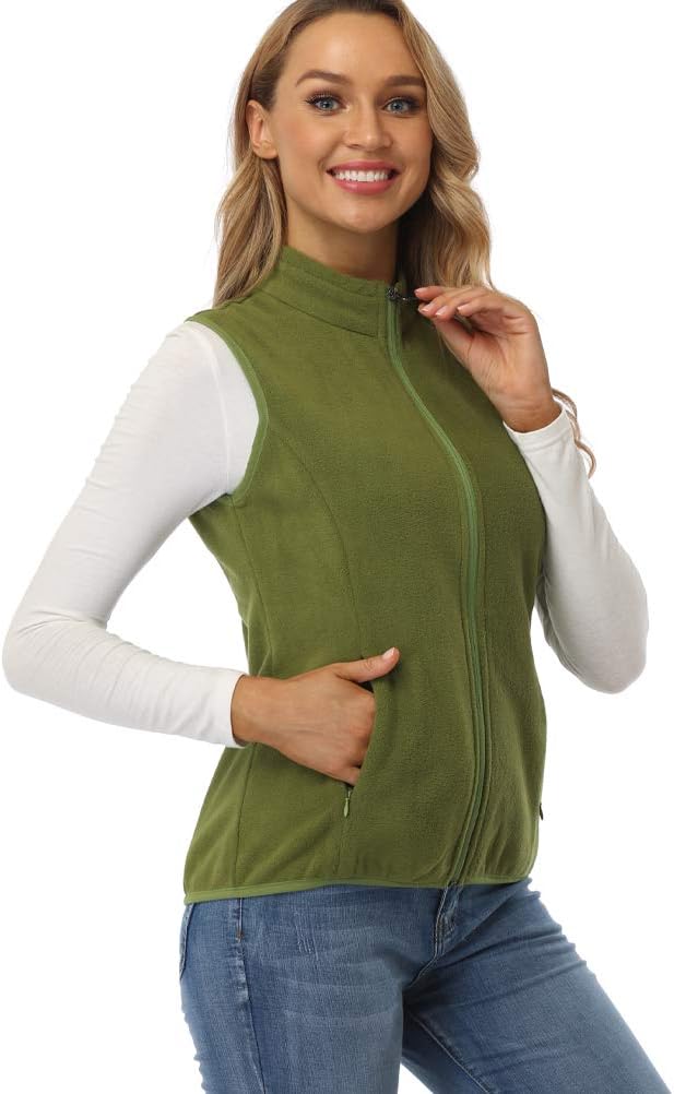 fuinloth Fleece Weste für Damen, Leicht Ärmellose Standkragen mit Reissverschlusstaschen 3XL Armee G