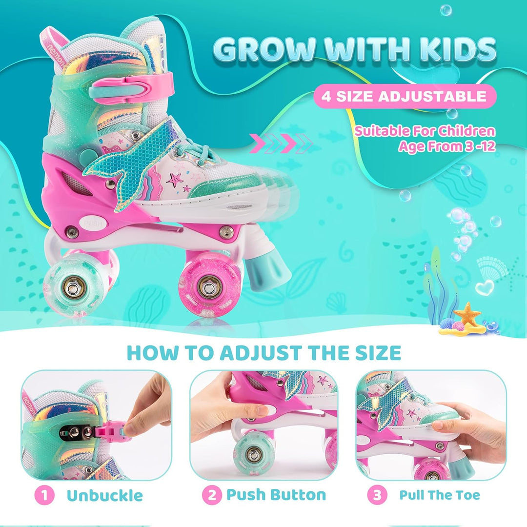 NEMONE Rollschuhe für Mädchen Kinder 4 Grössen Verstellbar Blau Violett Rollschuhe für Kinder Drinne