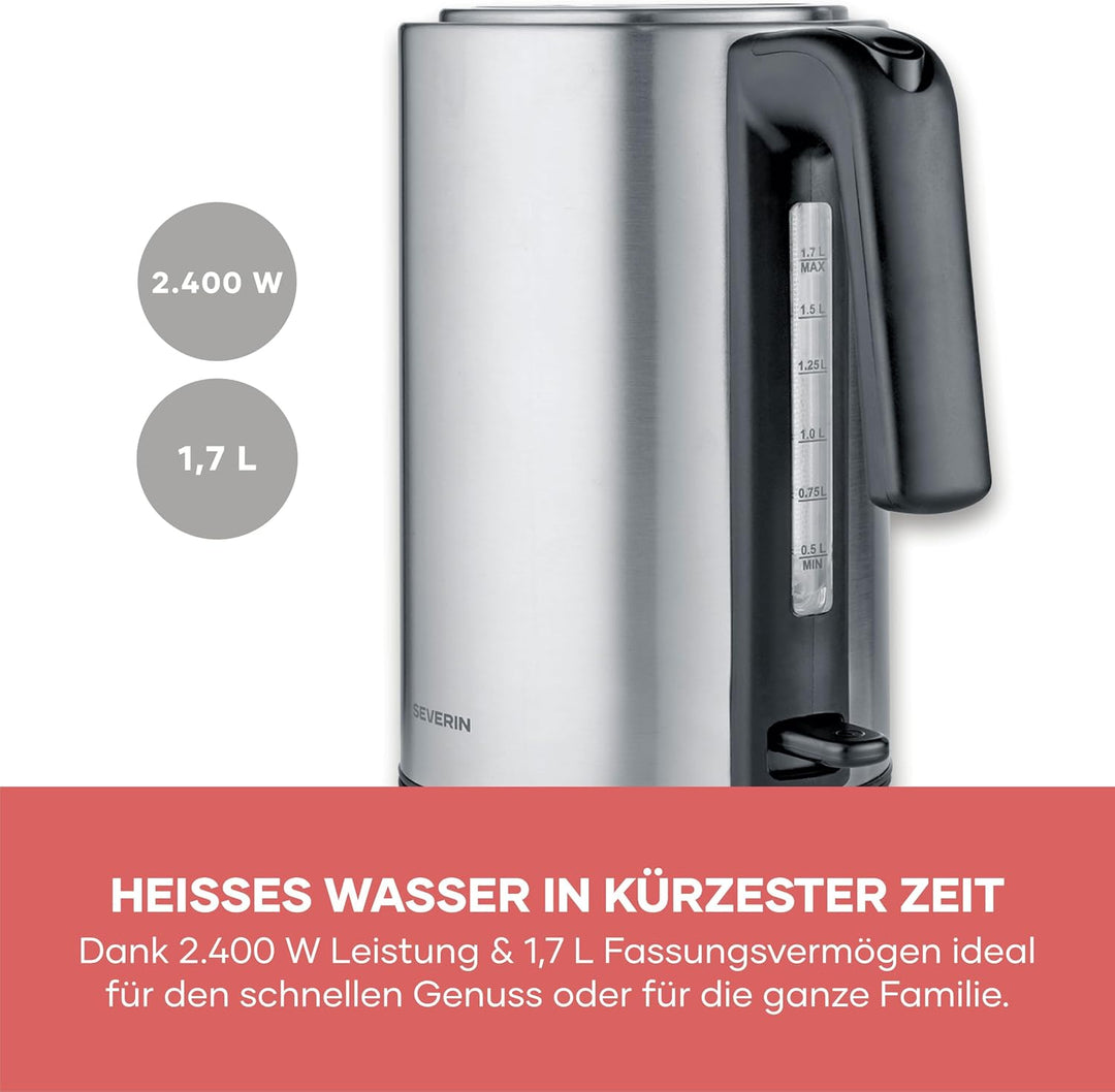 Severin Wasserkocher, Edelstahl, 1,7L, mit herausnehmbarem Kalkfilter, Leuchtanzeige, 360°-Basis, au