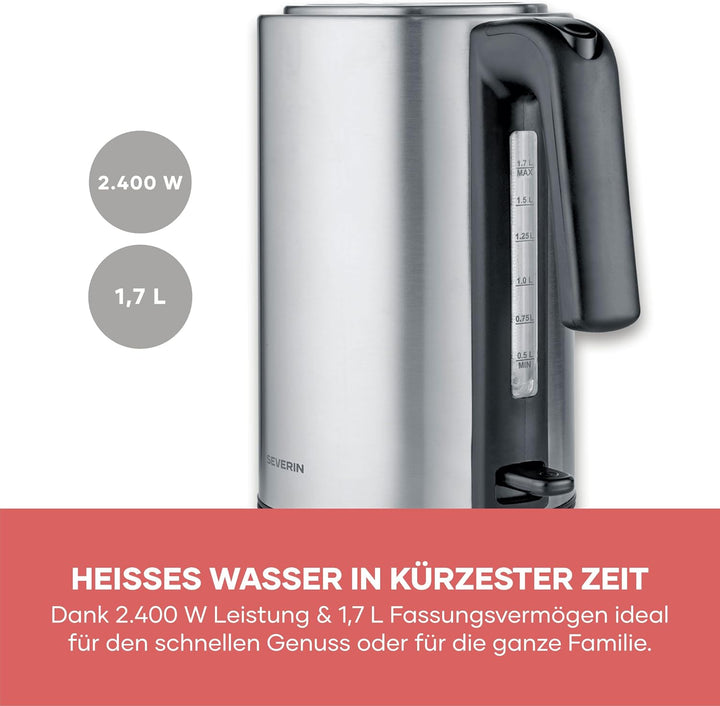 Severin Wasserkocher, Edelstahl, 1,7L, mit herausnehmbarem Kalkfilter, Leuchtanzeige, 360°-Basis, au