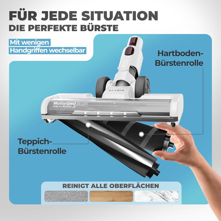 KLAMER Akku Staubsauger, 2-in-1 Staubsauger kabellos & Handstaubsauger, Akkulaufzeit bis 45 min, Akk