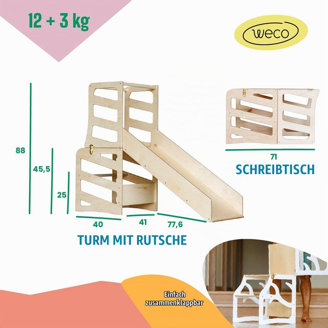 Weco Kinder-Lernturm 3 in 1 Streifendesign mit Rutsche Schreibtisch Rutsche Montessori Möbel Küchenh