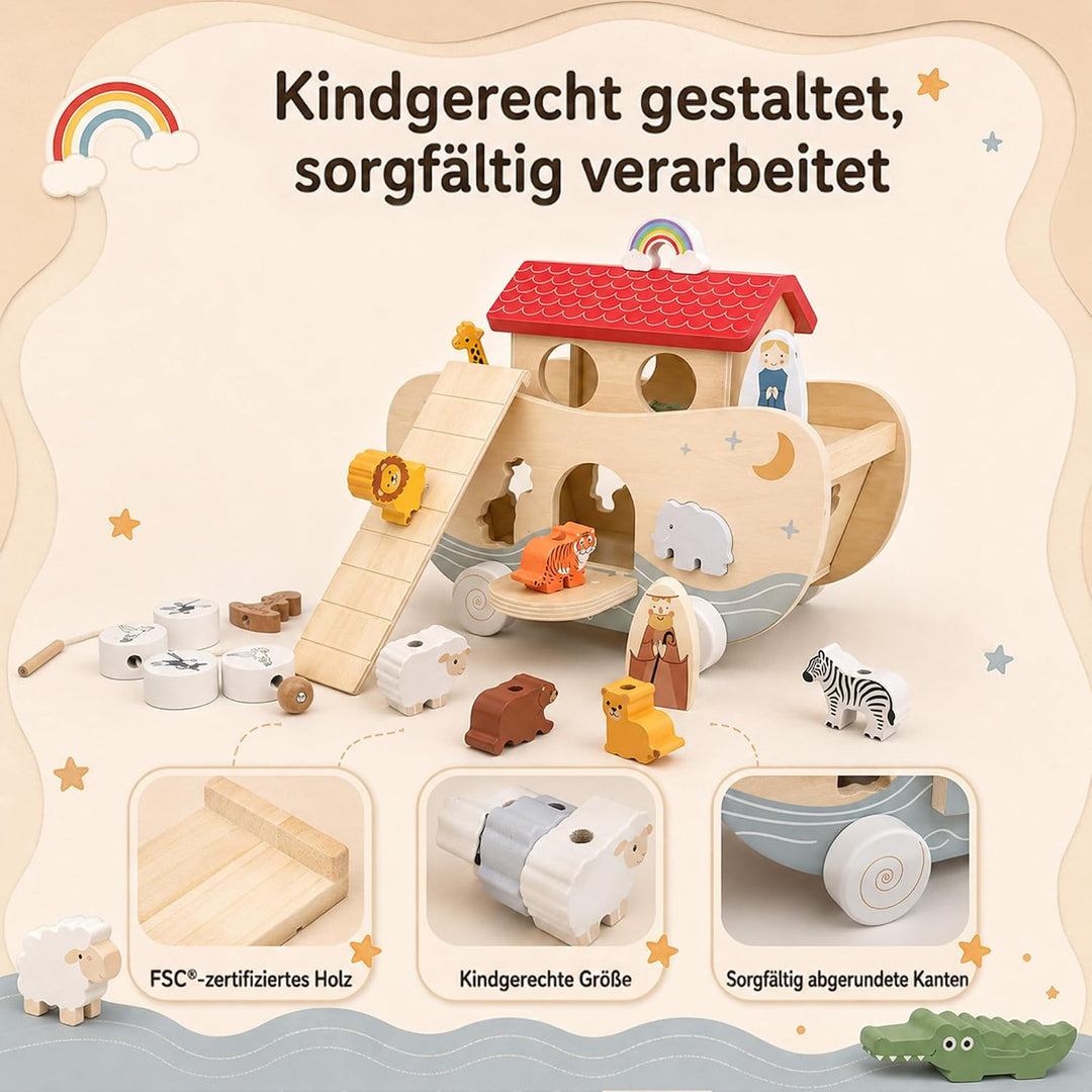 Arche Noah Holz, Montessori Spielzeug und Taufgeschenk ab 1 Jahr | Liebevolles Taufgeschenk: Arche N