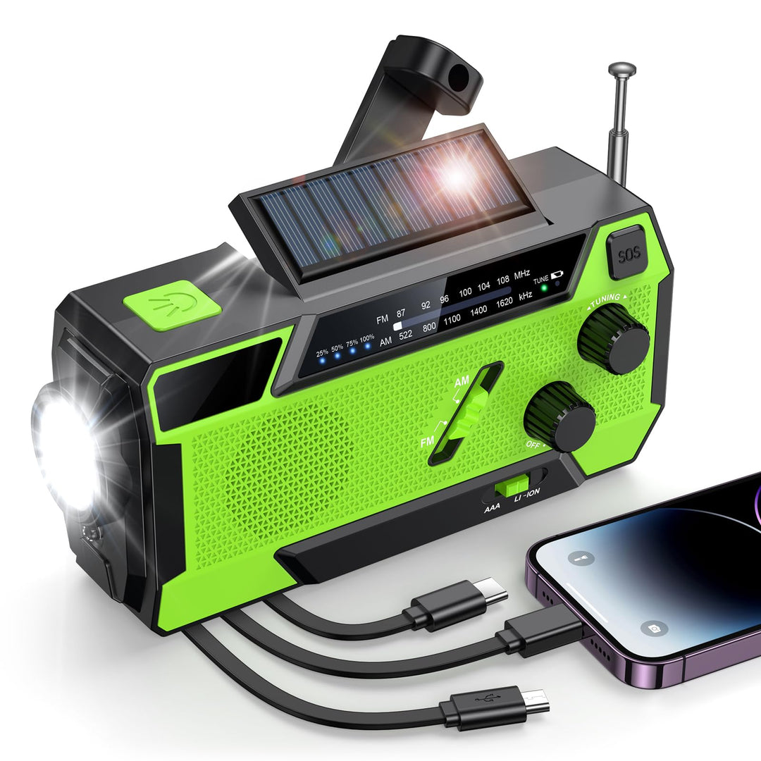 Kurbelradio, Radio mit Kurbel und Solar Notfall Ausrüstung mit 3 integrierten Kabeln, 4000mAh Notfal