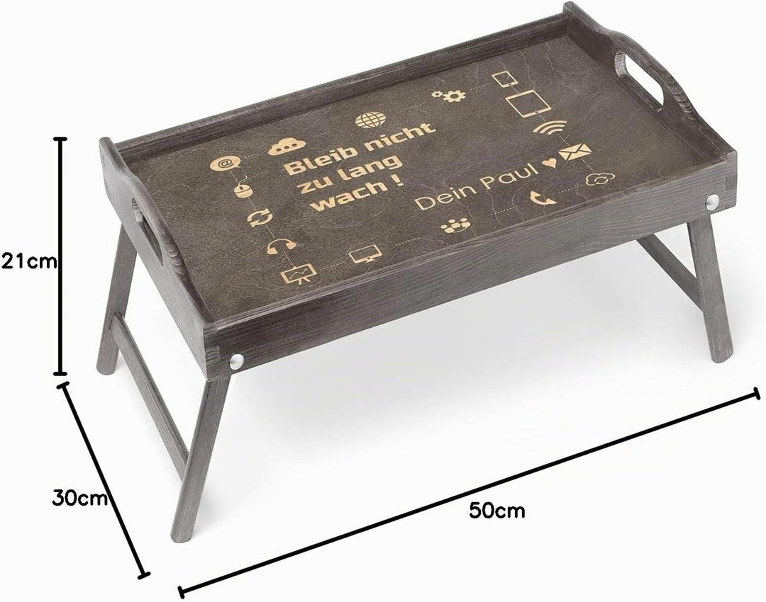 Maverton Betttablett mit Gravur - personalisiert - Sofatisch mit Griffen - klappbar - erhöhter Rand