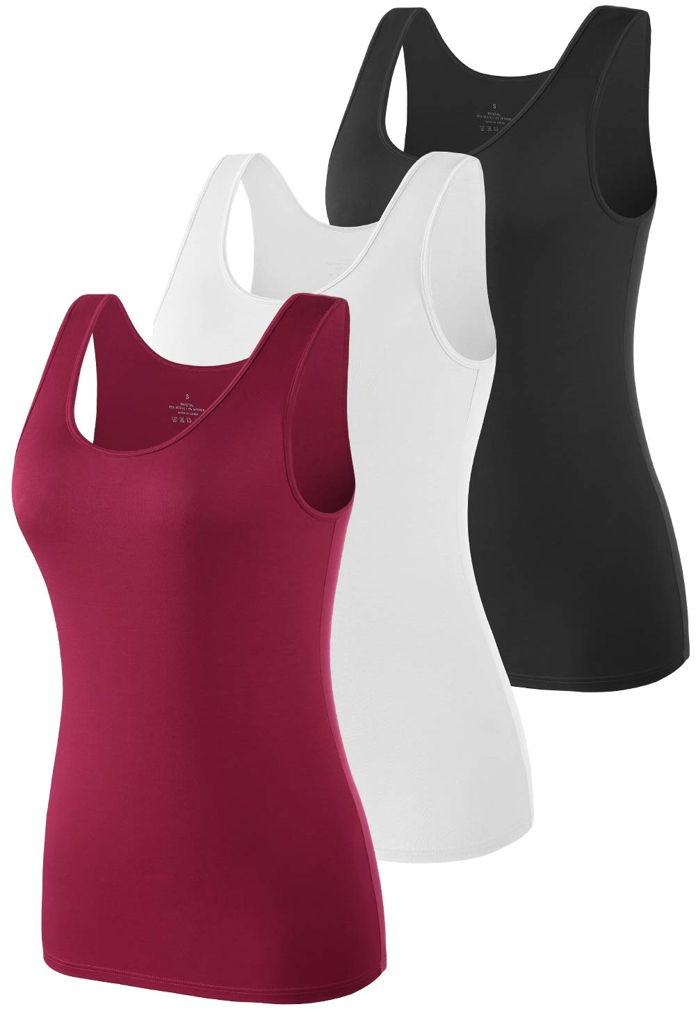 vislivin Elastische Tank Tops für Damen Unterhemden 3/4er Pack S 3er Pack - Schwarz/Weiss/Weinrot, S
