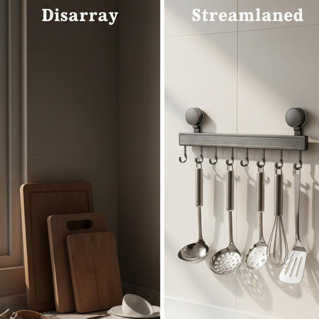 Saug-Hakenleiste für die Küche, 40 cm langer Aluminium-Utensilienhalter mit 8 Haken, bohrfreie Wandm