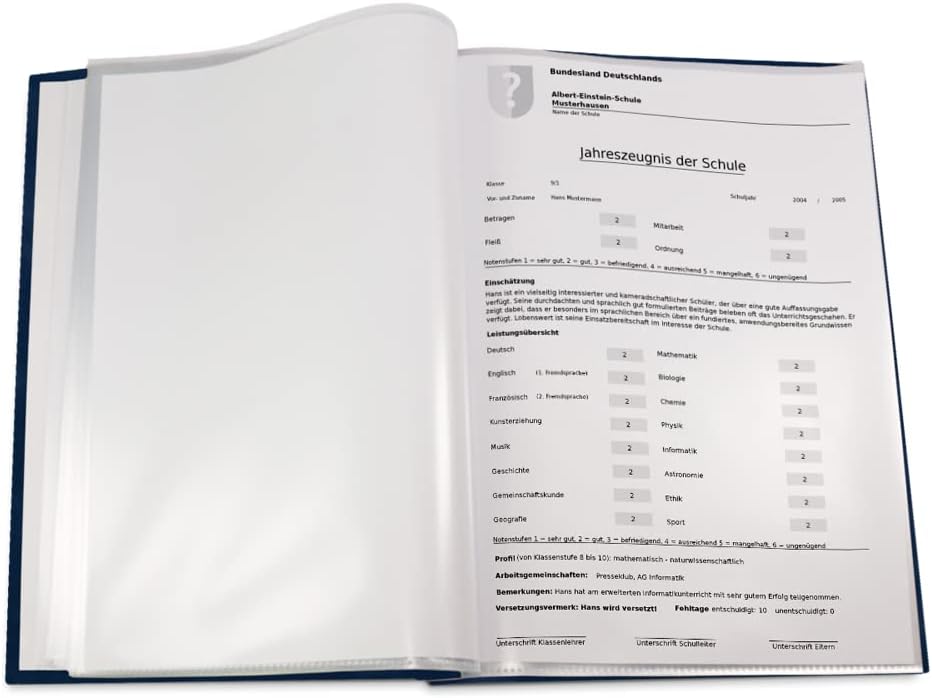 Handgefertigte Zeugnismappe im blauen Samteinband mit exclusivem Prägedruck in verschiedenen Farben