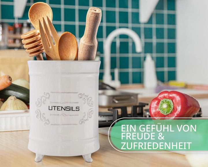 Comfify Französischer weisser Keramik-Utensilienhalter - Vintage Style Kochgeschirr Caddy - Antikes
