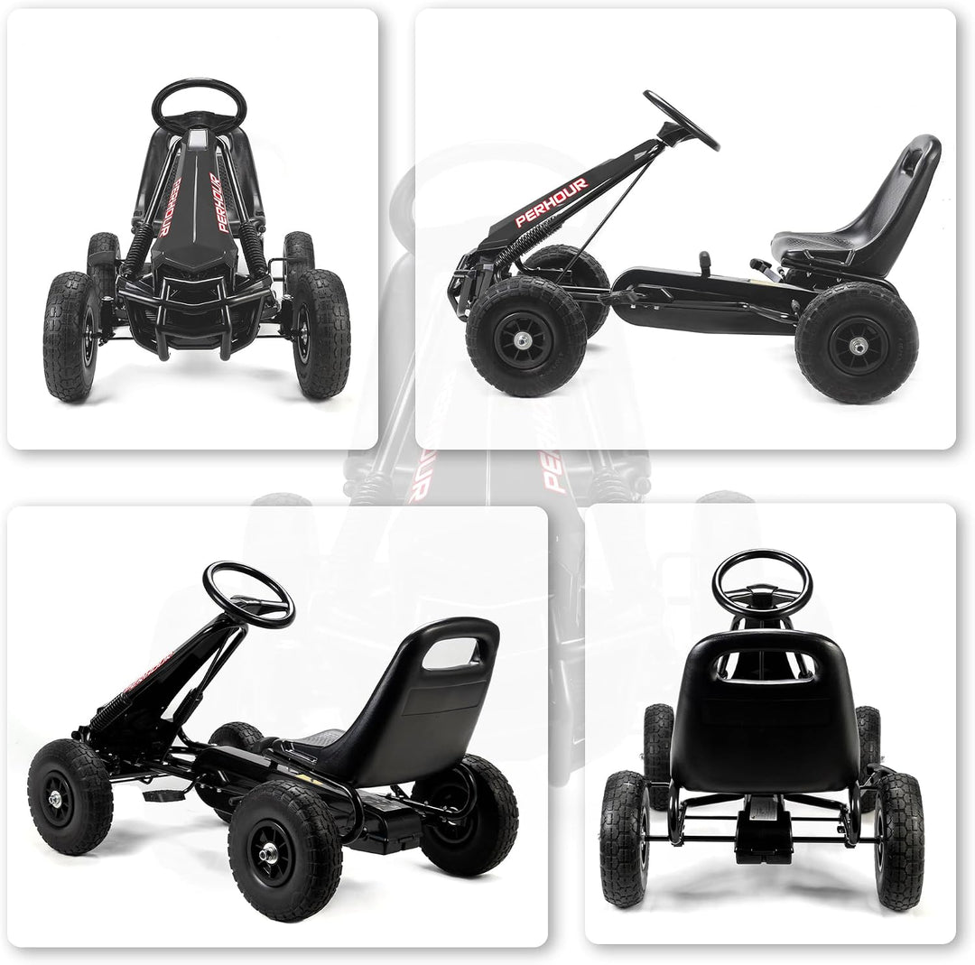AIYAPLAY Go-Kart Gokart mit Pedalen für Kinder, verstellbarer Sitz, EVA-Reifen, Schwarz | Manuelle K