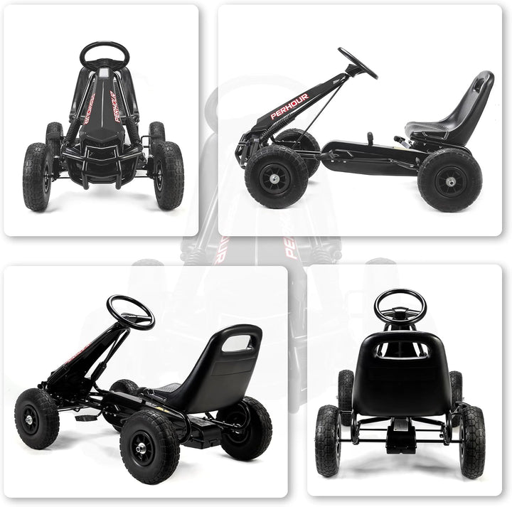 AIYAPLAY Go-Kart Gokart mit Pedalen für Kinder, verstellbarer Sitz, EVA-Reifen, Schwarz | Manuelle K