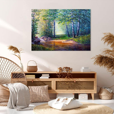 Bilder auf Leinwand 100x70cm Leinwandbild mit Rahmen Wiese Wasser Baum Gross Wanddeko Bild Schlafzim