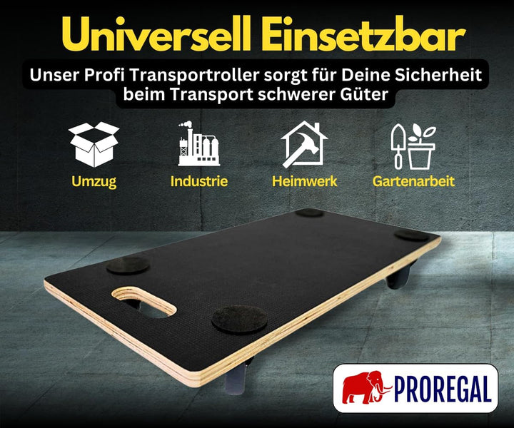 PROREGAL Profi Transportroller Hercules 30x60 cm Schwerlast bis 200 kg mit 4 Gummirollen & Griff, Si