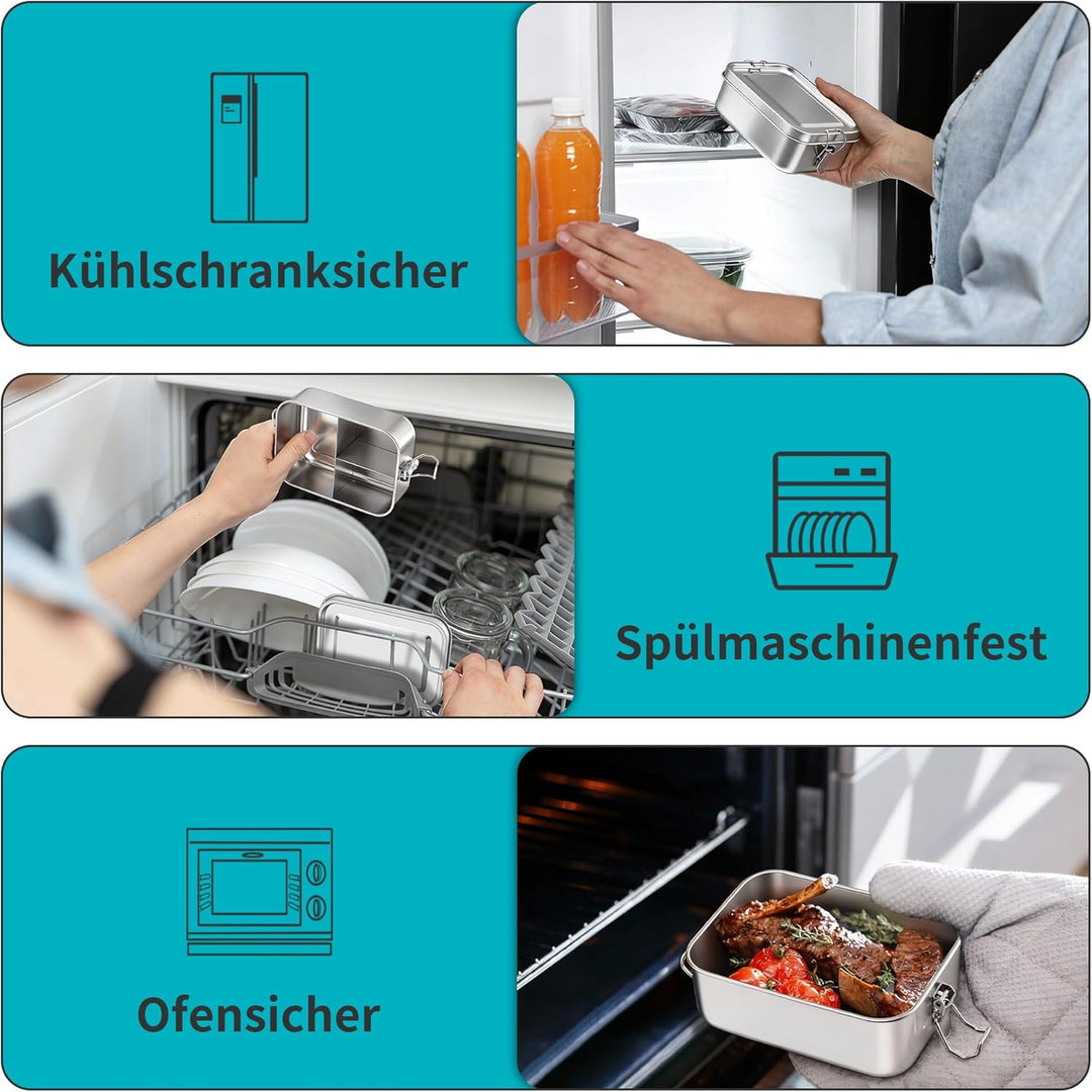 Onader Edelstahl Brotdose mit Fächern 2er Set, 850ml Bento Box Lunchbox mit Abnehmbar Trennwand, Met