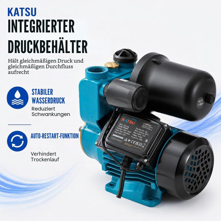 KATSU Wasserpumpe Hauswasserwerk Gartenpumpe 150W, Abschaltautomat mit einstellbarer Druckregelung,