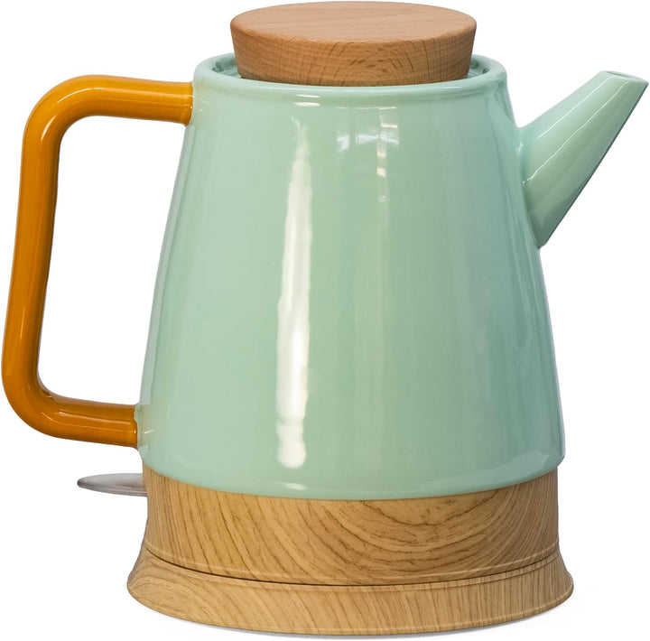 Elektrischer Keramik Wasserkocher 1,5L mint/holz – mit echtem Holzdeckel, 360° drehbarer Sockel, LED