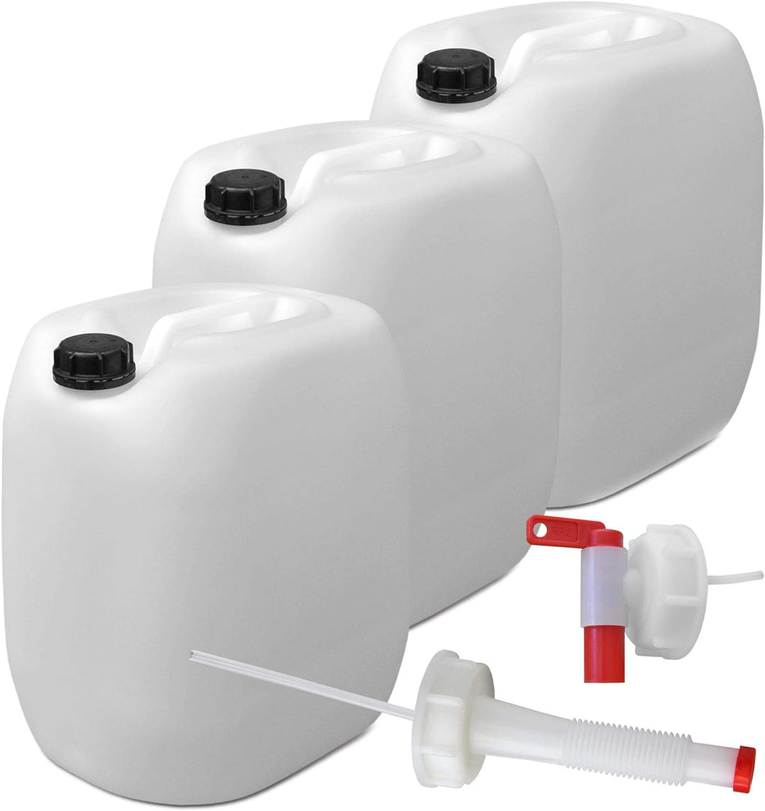 plasteo® 3er Stück Set: 30L Getränke- Wasserkanister Natur mit Hahn, Schraubdeckel und flexiblem Aus