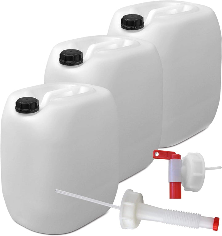 plasteo® 3er Stück Set: 30L Getränke- Wasserkanister Natur mit Hahn, Schraubdeckel und flexiblem Aus