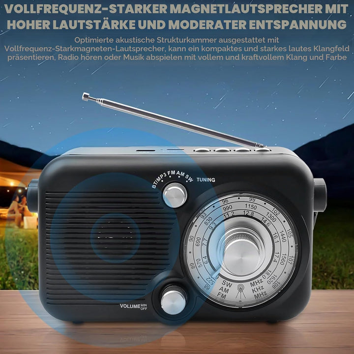 Tragbares Radio mit Bluetooth, AM,FM,SW Kofferradio, Strom & Batteriebetrieb, Eingebautem Lautsprech
