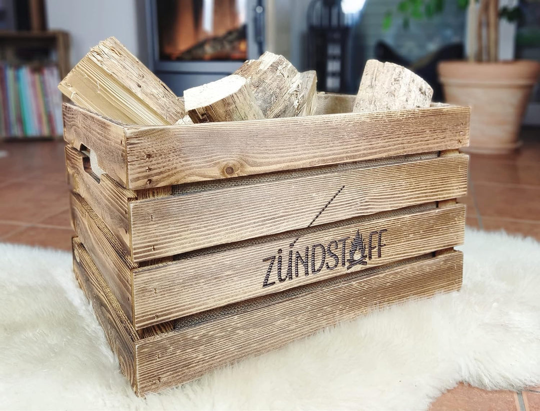 Rustikale KAMINHOLZKISTE mit Griffen"Zündstoff" Kaminholzkorb aus Holz Brennholzträger Vintage Kiste