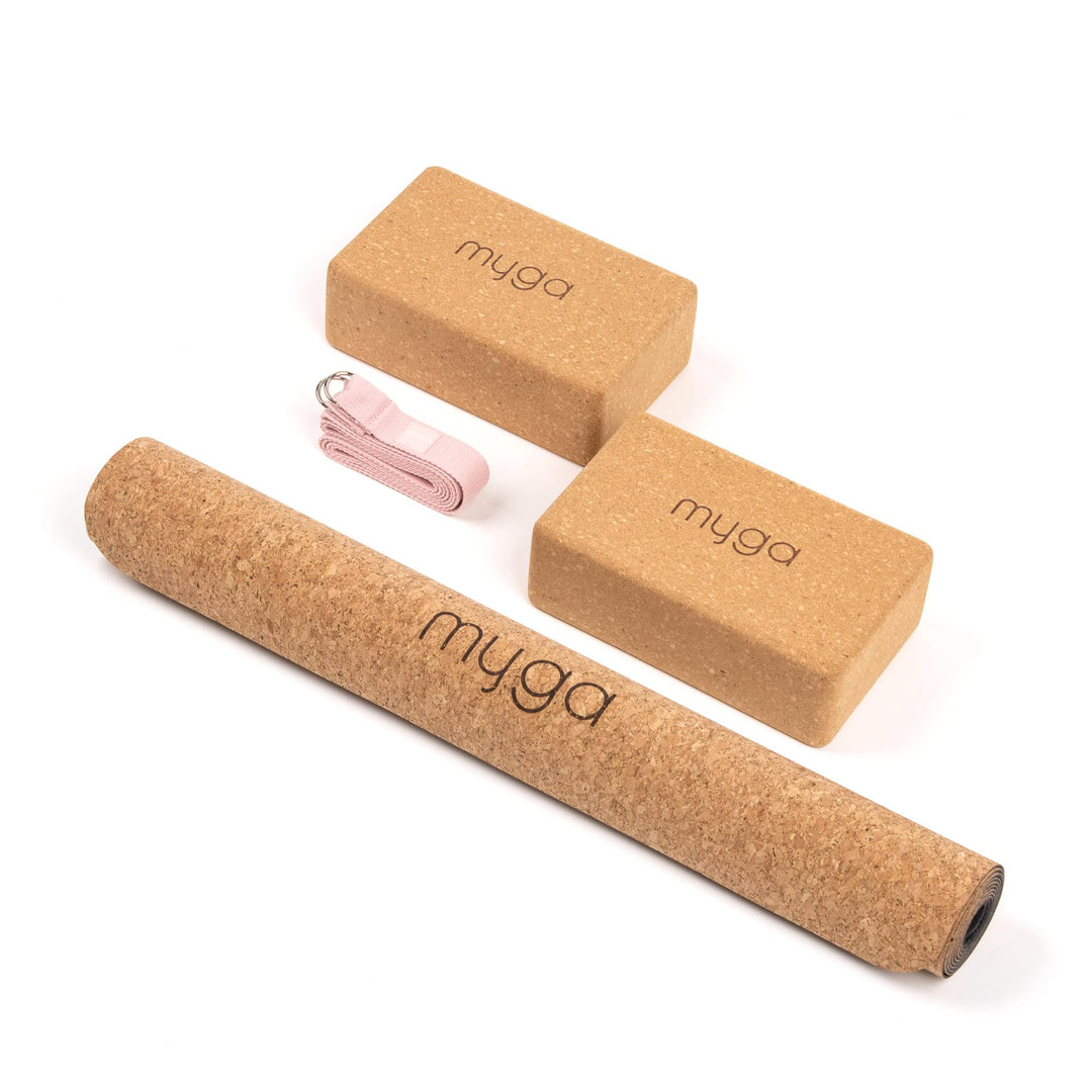 Myga Kork-Yoga-Starter-Set – Kork-Yoga-Matte, 2 Kork-Yoga-Blöcke und Yogagurt – Starter-Set mit Matt