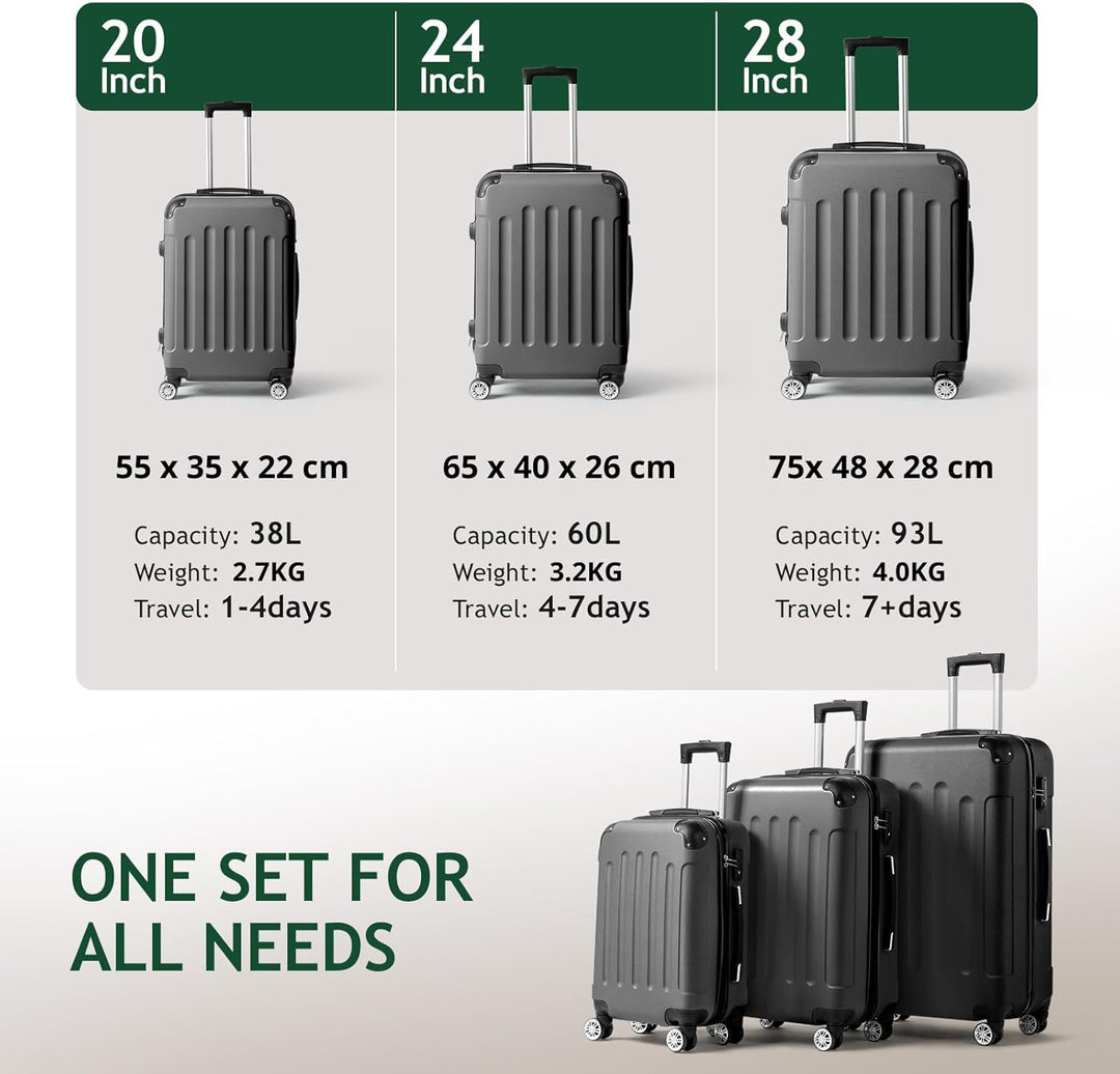 LEADZM Koffer Set 3 Teilig, Reisekoffer Set, Kofferset mit 4 Rollen und Zahlenschloss, Handgepäck Ko