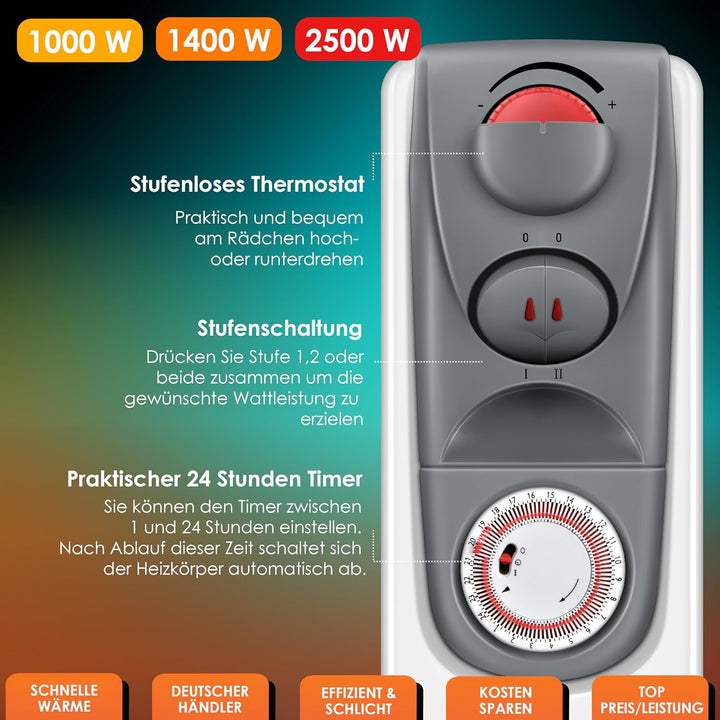 KESSER® Ölradiator Elektrische Heizung mit 11 Rippen 2500W + Lüfter Öl Radiator Elektroheizung Mobil
