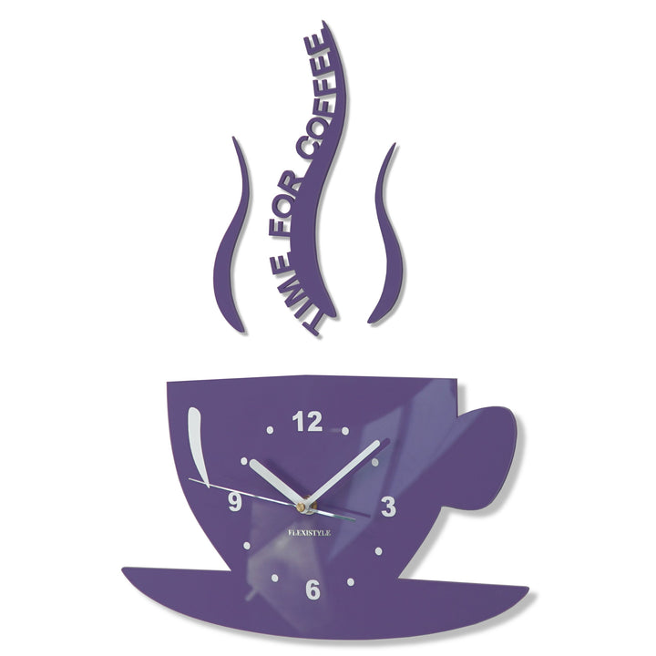 FLEXISTYLE Tasse Time for Coffee (Zeit für Kaffee) Moderne Küche Wanduhr Milka Violett 3D römisch, w