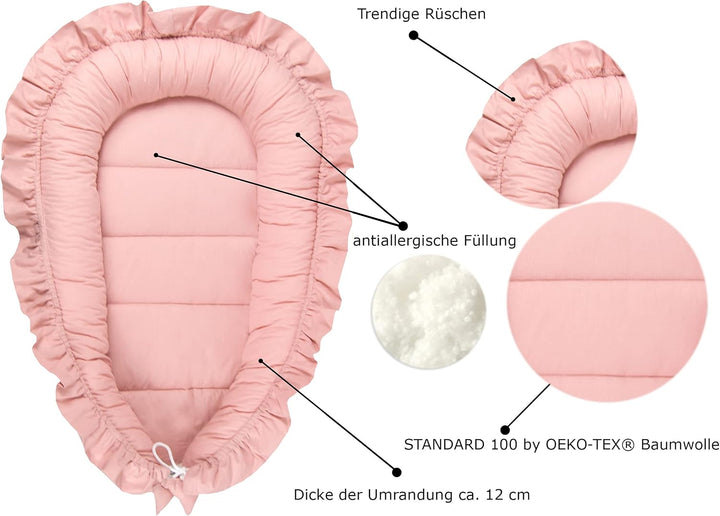 PIMKO Babynest mit rüschen Babynestchen für Baby Kuschelnest Babykokon für Säuglinge und Neugeborene