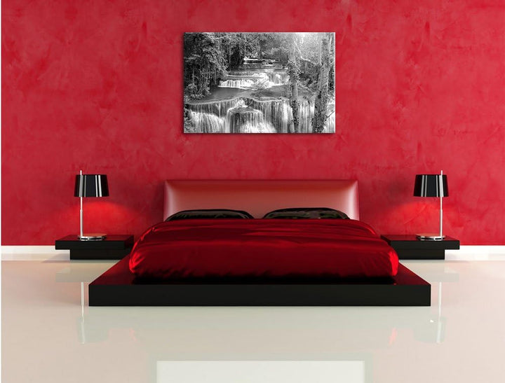 Pixxprint Wasserfall im Regenwald / 100x70cm Leinwandbild bespannt auf Holzrahmen/Wandbild Kunstdruc