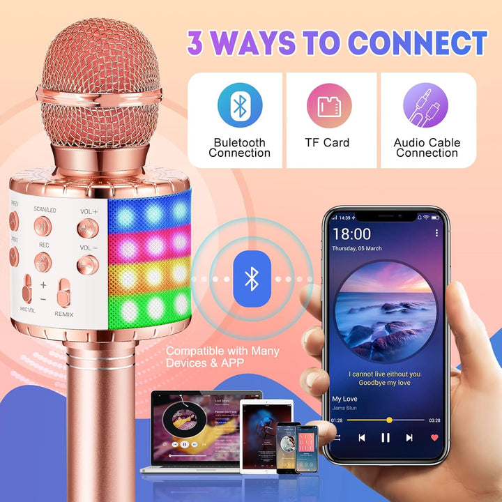 Karaoke Mikrofon Kinder mit LED Licht, Tragbare Drahtloses Bluetooth Mikrofon Lautsprecher, Heim KTV