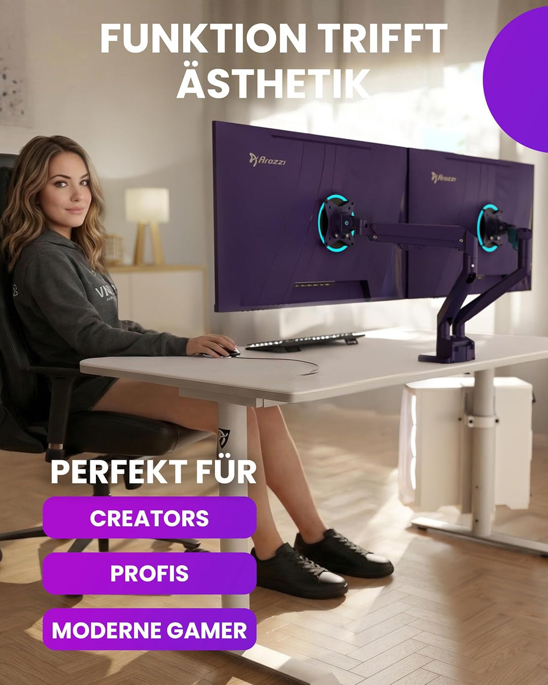 Arozzi Alzare Neo Duo Monitorarm mit Gasfeder - 2 Arme, für 43–86 cm Monitore, VESA 75/100, 360° dre