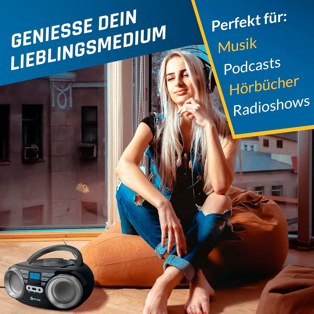 KLIM B3 Tragbarer CD Player Bluetooth Boombox mit FM-Radio, Bluetooth, USB und AUX - Hochwertige Dua