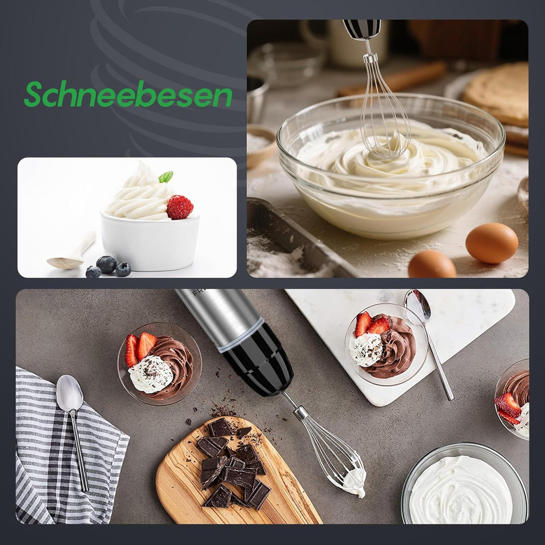 FRESKO 4-in-1 Stabmixer Edelstahl, 1000W Pürierstab mit 12 Geschwindigkeiten und Turbo-Modi, Inklusi