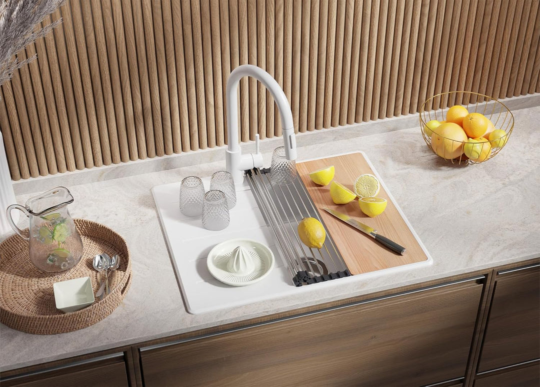 PRIMAGRAN Granitspüle Weiss 62x50cm, Granitspüle 1 Becken + Ablauf-Set, Küchenspüle ab 45er Untersch