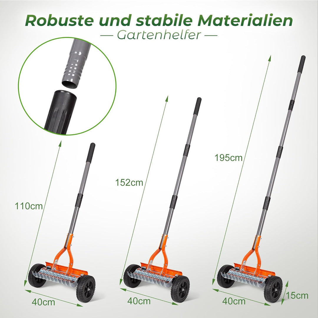 Walensee Vertikutier-Walzenrechen, 195 cm Verstellbarer Stiel, 2 mm Edelstahlklingen, Hochleistungs-