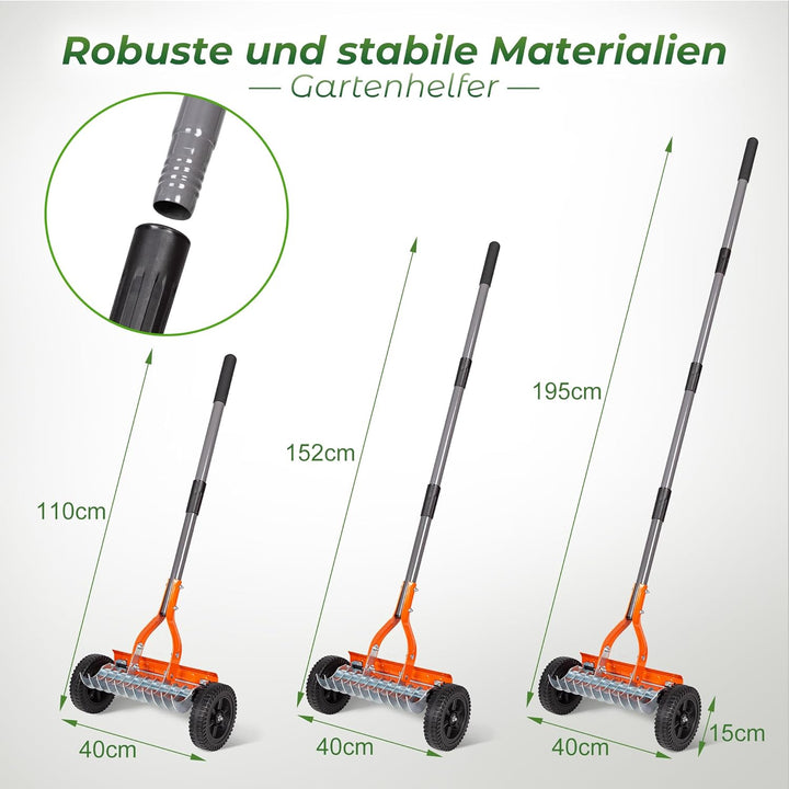 Walensee Vertikutier-Walzenrechen, 195 cm Verstellbarer Stiel, 2 mm Edelstahlklingen, Hochleistungs-