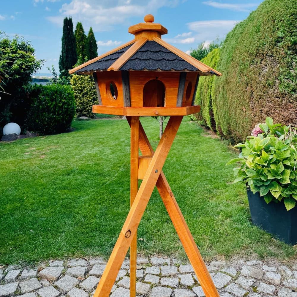 Vogel Futter Haus L oder XL Sechseck Holz Vogelhaus Futterstelle Braun/Blau, Rot, Schwarz und Grün (