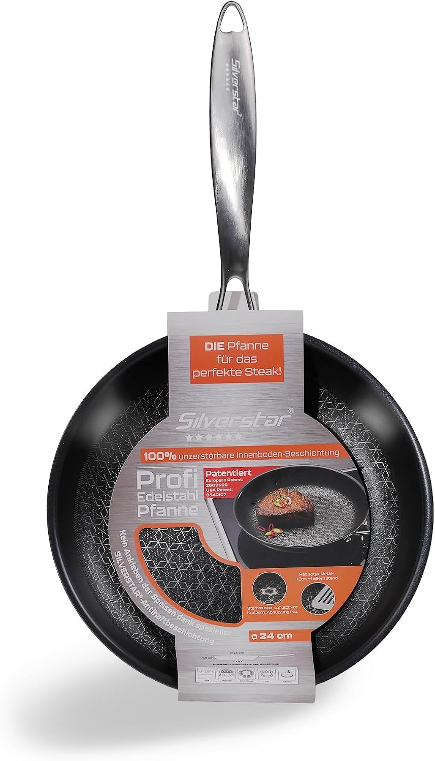 Silverstar Edelstahlpfanne 24 cm Wabenstruktur Sterne Kratzfeste Antihaft Pfanne Induktion, Wabenpfa