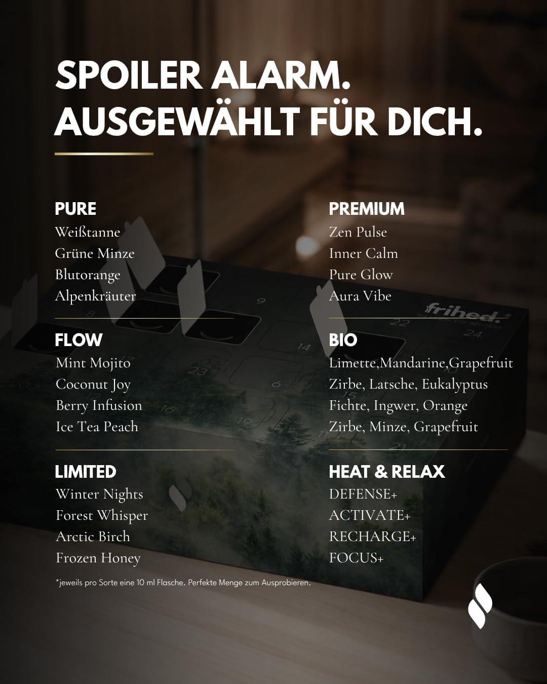 frihed.® Saunaaufguss Duftkalender Probierpaket - Hochkonzentrierte Öle - 24x verschiedene Düfte - G