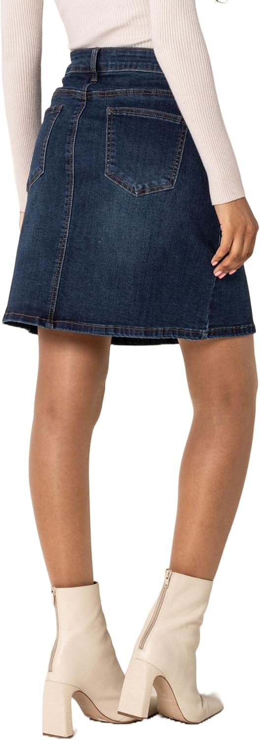 Nina Carter P213 Damen Kurzer Jeansrock mit Vorderem Schlitz Reissverschluss Stretch Used-Look Dunke