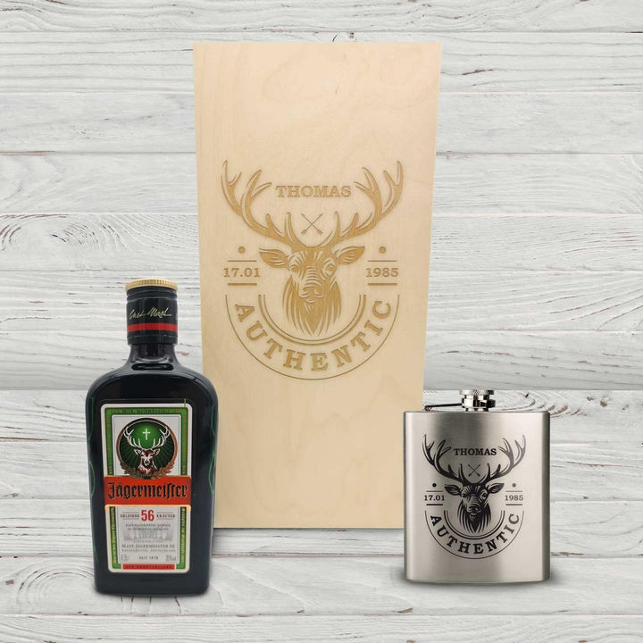 GRAVURZEILE Flachmann Geschenkset - Edelstahl Flachmann 150 ml mit Gravur im Set - inkl. Jägermeiste